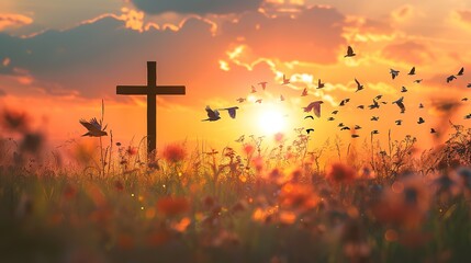 Magnificent Silhouette cross and birds flying on meadow autumn sunrise