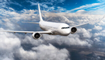 Obraz premium White passenger airplane flying in the sky amazing clouds in the background 