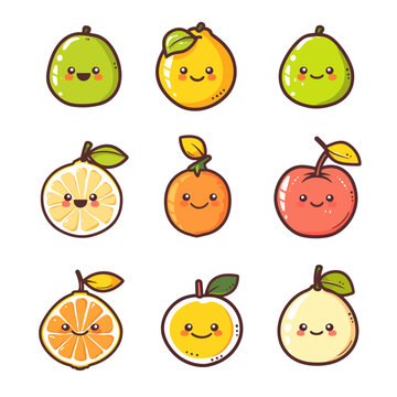 Cute kawaii fruit character set. Vector illustration of cute kawaii orange, lemon, grapefruit, apple, pomelo, mandarin, tangerine.