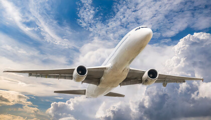 White passenger airplane flying in the sky amazing clouds in the background 