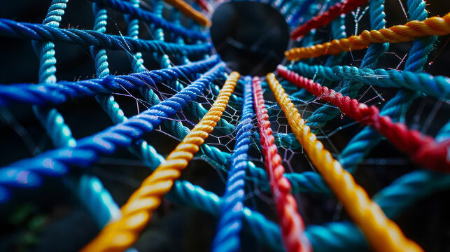  spider web made of multi-colored ropes