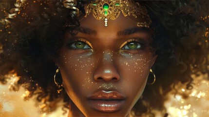 A close-up portrait of a Black woman with vibrant green eyes and natural afro hair. She wears a crown of intricate gold braids and a knowing expression.