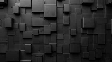 Black background with 3D blocks, arranged in a random pattern The blocks are arranged in the style of random placement