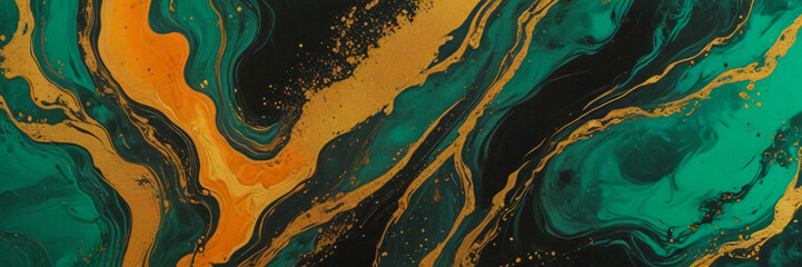 Stunning abstract watercolor background. Paint Swirls, paint splashes on canvas beautiful colors. Emerald, yellow, orange, black colors paint splashes wallpaper.
