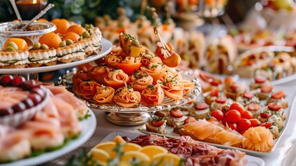 Catering table with various creative and delicious food: canape, snacks and appetizers. Catering plate. Assortment of sandwiches and tartlets on the buffet table. Meat, fish, vegetable canapes. - obrazy, fototapety, plakaty
