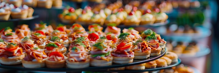 Fototapeta premium Catering table with various creative and delicious food: canape, snacks and appetizers. Catering plate. Assortment of sandwiches and tartlets on the buffet table. Meat, fish, vegetable canapes.