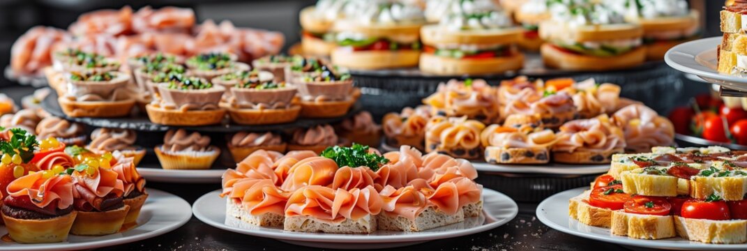 Catering table with various creative and delicious food: canape, snacks and appetizers. Catering plate. Assortment of sandwiches and tartlets on the buffet table. Meat, fish, vegetable canapes.