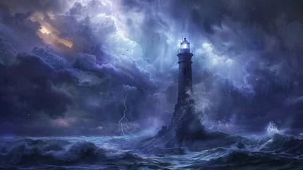 Foto op Plexiglas A dramatic illustration of a towering lighthouse standing firm against a backdrop of stormy seas and darkening skies, serving as a beacon of hope and guidance for those lost at sea. © Sasint