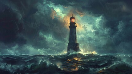 A dramatic illustration of a towering lighthouse standing firm against a backdrop of stormy seas and darkening skies, serving as a beacon of hope and guidance for those lost at sea.