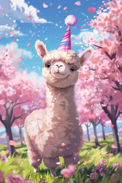 Cute white alpaca with birthday party hat standing on meadow with trees with pink cherry flowers