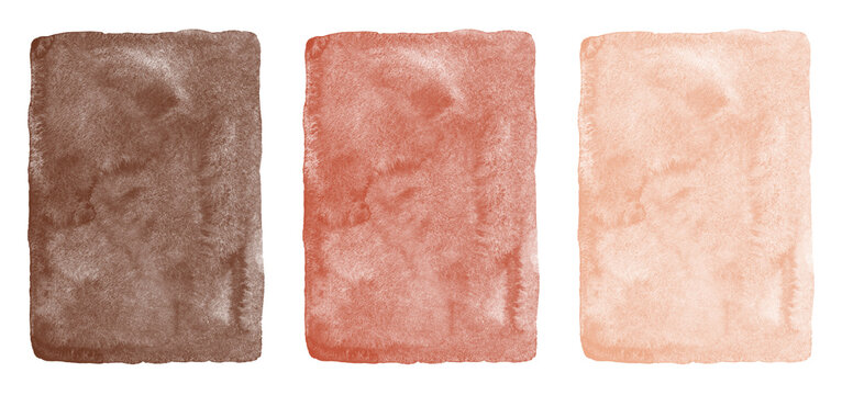 Dark brown, coffee, rose beige, terracota watercolor texture with stains, uneven edges. Aquarelle rectangle templates bundle. Human skin shades color painted watercolour backgrounds collection.