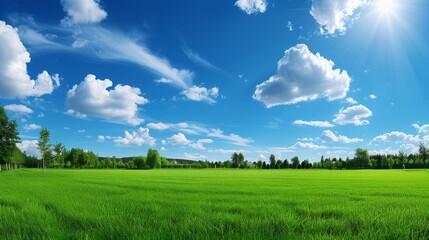 Fototapeta premium Green Field With Trees and Clouds in the Sky