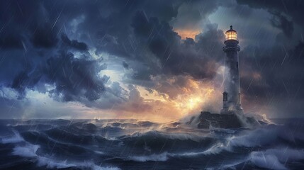 A dramatic illustration of a towering lighthouse standing firm against a backdrop of stormy seas and darkening skies, serving as a beacon of hope and guidance for those lost at sea. - obrazy, fototapety, plakaty