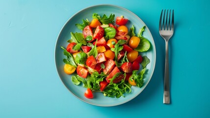 Simple meal presented on a bright blue background for a minimal look