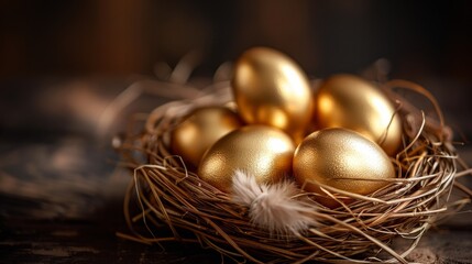 Three Golden Eggs in a Nest on a Wooden Table