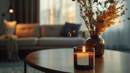 A closeup shot of an elegant, dark brown candle with a white label sitting on a table in front of a sofa and a vase filled with dried flowers The room has a modern, cozy interior design - obrazy, fototapety, plakaty