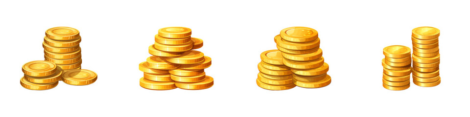 Several stacks of shiny golden coins arranged neatly on a white background