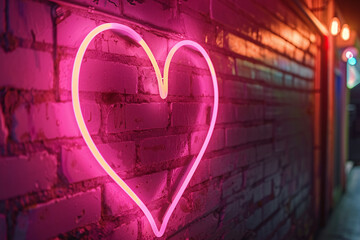 Pink heart shaped glowing neon sign hanging on brick wall - obrazy, fototapety, plakaty
