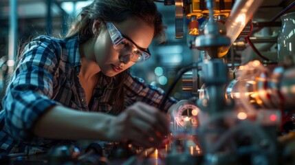 women scientists or engineers in a lab or industrial setting, working on experiments or machinery. The focus is on innovation, expertise, and breaking stereotypes in STEM fields. - obrazy, fototapety, plakaty