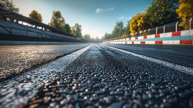 Asphalt raceway approaching victory grid and bleachers