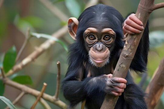 An up-close look of a monkey relaxing on a tree branch.A chimpanzee is seen looking at the camera, perched on a tree branch. Its large ears and expressive face make it appear curious and human-like.