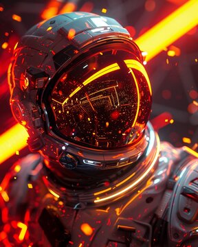 Futuristic astronaut in a space suit with a helmet reflecting a digital world, surrounded by red and orange lights, in the style of cyberpunk, 3D rendering, closeup perspective, high resolution