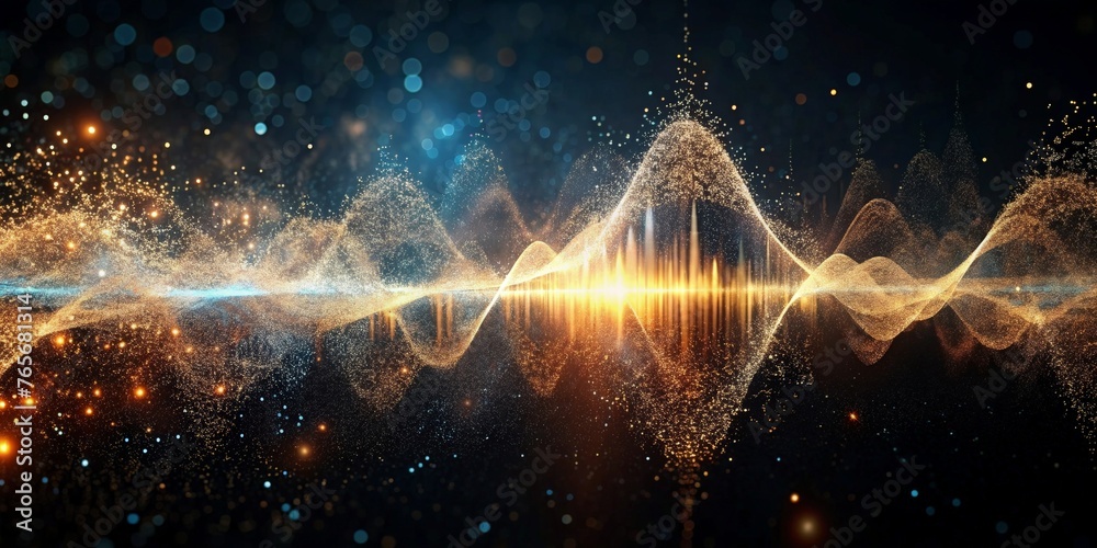 Wall mural 3D rendering of abstract digital sound waves. Sound waveform with particles. AI generated