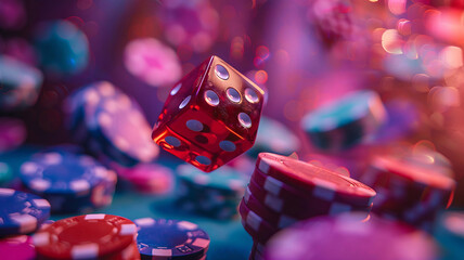 Casino chips and dice soaring in midair on a deep purple backdrop - obrazy, fototapety, plakaty
