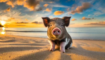 Türaufkleber cute baby pig sitting on sandy beach at sunset ai generated © Muhammad