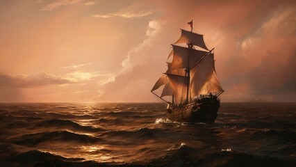 Solitary ship in a sea at sunset