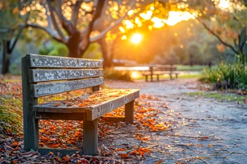 Schilderijen op glas Serene autumn scene unfolds with a solitary bench basked in the warm glow of a setting sun, fallen leaves scattered around, inviting peaceful contemplation in a tranquil park setting. Copy space © KRISTINA KUPTSEVICH