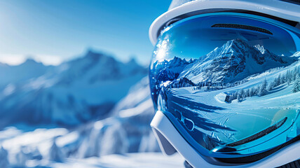 Skier's view of serene snow-covered peaks reflected in protective goggles - obrazy, fototapety, plakaty