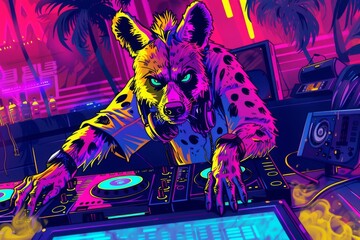 A vibrant, pop art-style illustration of a hip hyena DJ mixing music in a colorful, neon-lit nightclub, digital art
