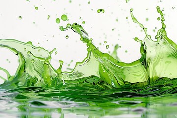 Flüssiges und spritzendes grünes Wasser, weißer Hintergrund  - obrazy, fototapety, plakaty