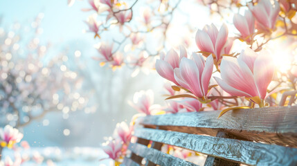 Tranquil spring scene with a sunlit bench, radiant magnolia blossoms, and a backdrop of soft,...