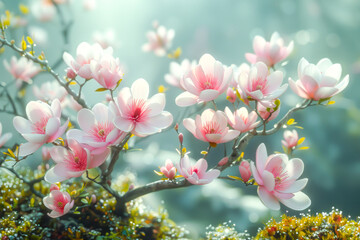 Ethereal magnolia flowers bloom on delicate branches, their soft pink petals unfurling against a...