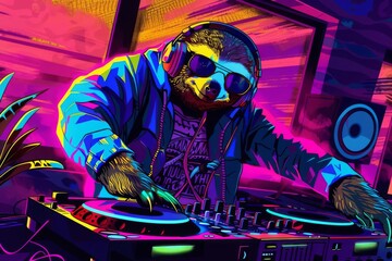 A vibrant, pop art-style illustration of a stylish sloth DJ mixing music in a colorful, neon-lit nightclub, digital art