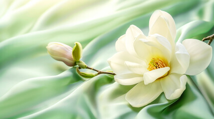 Soft, luxurious satin sheets caress delicate magnolia blossoms against sumptuous green fabric,...