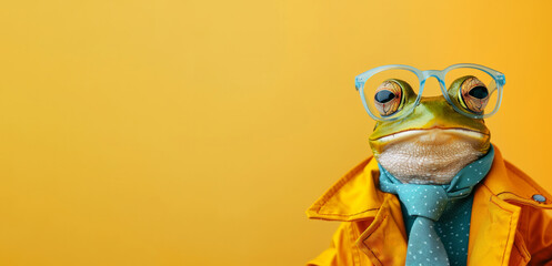 A frog wearing a yellow coat and tie giving it a human-like appearance. The image has a whimsical and playful mood. Wide banner with space for text. Stylish animal posing as supermodel - obrazy, fototapety, plakaty