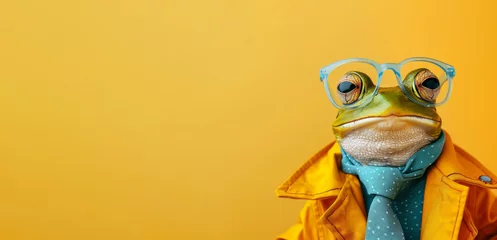 Foto op Plexiglas A frog wearing a yellow coat and tie giving it a human-like appearance. The image has a whimsical and playful mood. Wide banner with space for text. Stylish animal posing as supermodel © Nataliia_Trushchenko