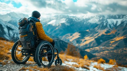An empowering image of a wheelchair-bound mountain climber  - obrazy, fototapety, plakaty