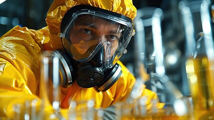 Scientists are studying chemicals contained in glass tubes. Ready to wear protective equipment - obrazy, fototapety, plakaty