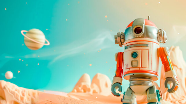 Futuristic robot exploring alien planet landscape