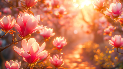 Serene backdrop with soft pink magnolia flowers in full bloom, highlighting the beauty of spring...