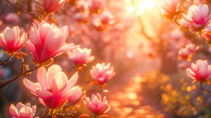 Gordijnen Serene backdrop with soft pink magnolia flowers in full bloom, highlighting the beauty of spring and fleeting, precious moments it brings. Ideal for themes of renewal, nature's beauty, and springtime © KRISTINA KUPTSEVICH