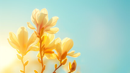 Spring flower background blossoming magnolia flowers on clear blue sky background with sunny light. Springtime. Natural blossoming holiday background. Copy space