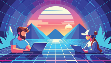 Digital Future: A Vector Illustration of a Man and Girl Engaging with Technology in a Futuristic Setting