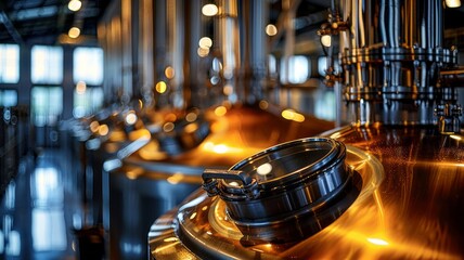 Modern brewery vessels with polished metal surfaces - obrazy, fototapety, plakaty