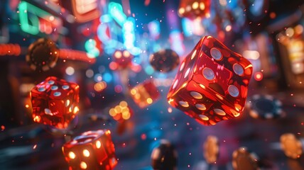Energetic dice throw and casino tokens captured mid-flight - obrazy, fototapety, plakaty