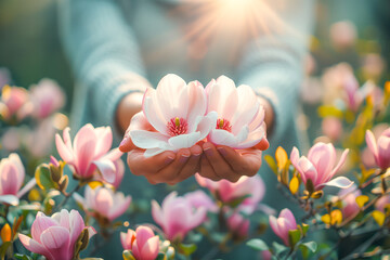 Hands gently holding a blooming magnolia against a soft-focus background of flowers and light...
